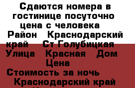 Сдаются номера в гостинице посуточно, цена с человека  › Район ­ Краснодарский край,   Ст.Голубицкая  › Улица ­ Красная › Дом ­ 5 › Цена ­ 200 › Стоимость за ночь ­ 200 - Краснодарский край, Краснодар г. Недвижимость » Квартиры аренда посуточно   . Краснодарский край,Краснодар г.